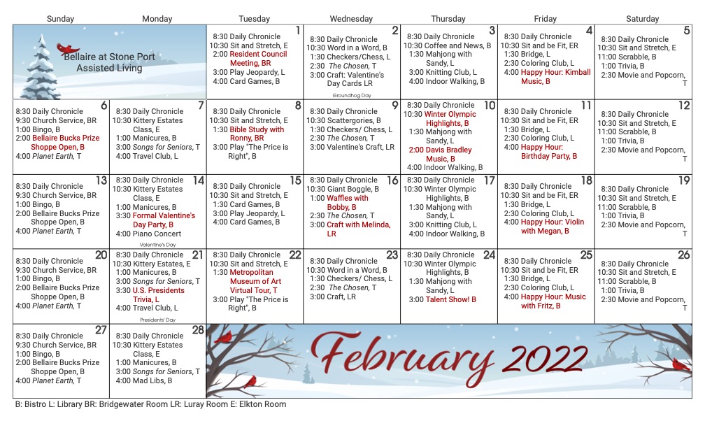 February 2022 Calendar - Bellaire at Stone Port